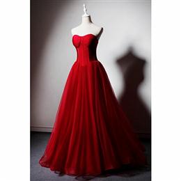 Picture of Red Color Sweetheart Tulle Ball Gown Floor Length Formal Dresses, Red Color Tulle Evening Dresses Party Dresses